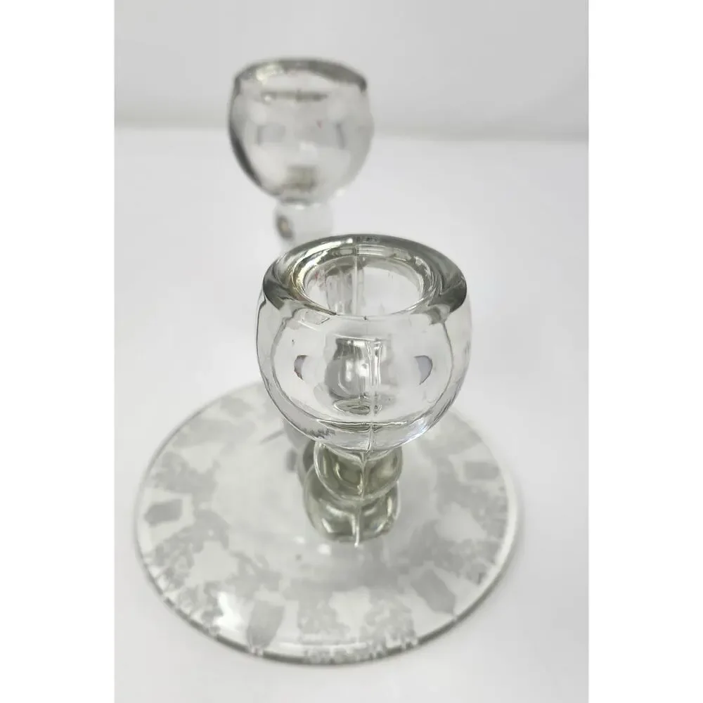 Vintage Double Candlestick Holder | Paden City Glass Co | Etched Floral Base